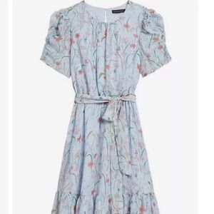 Banana Republic Baby Blue Floral Short Ruched Sleeve Ruffle Hem Dress Size 2